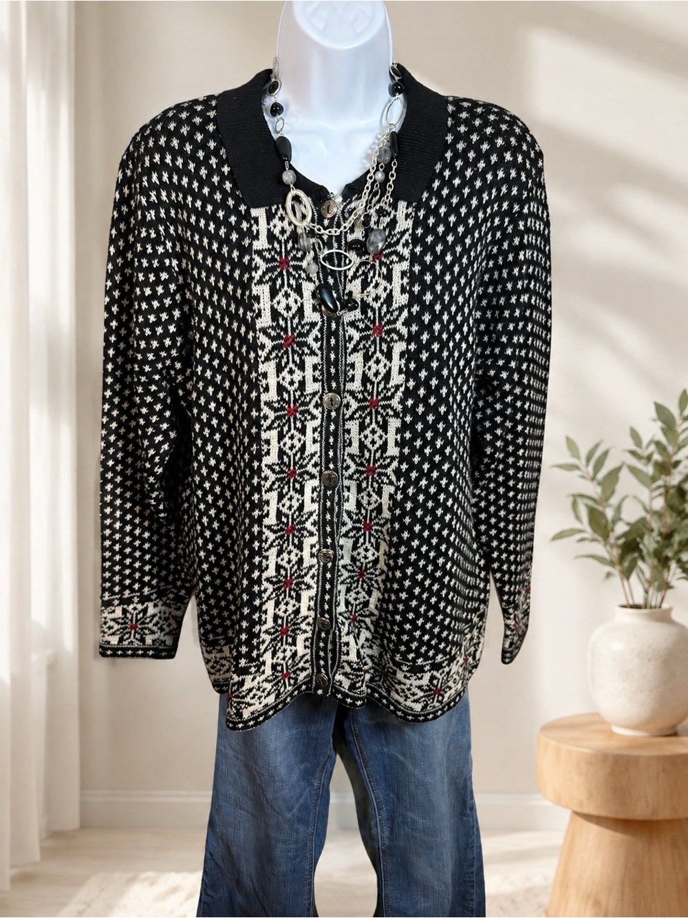 Capacity Vintage Black Cream Fair Isle Cardigan Sweater Large Cotton Ramie